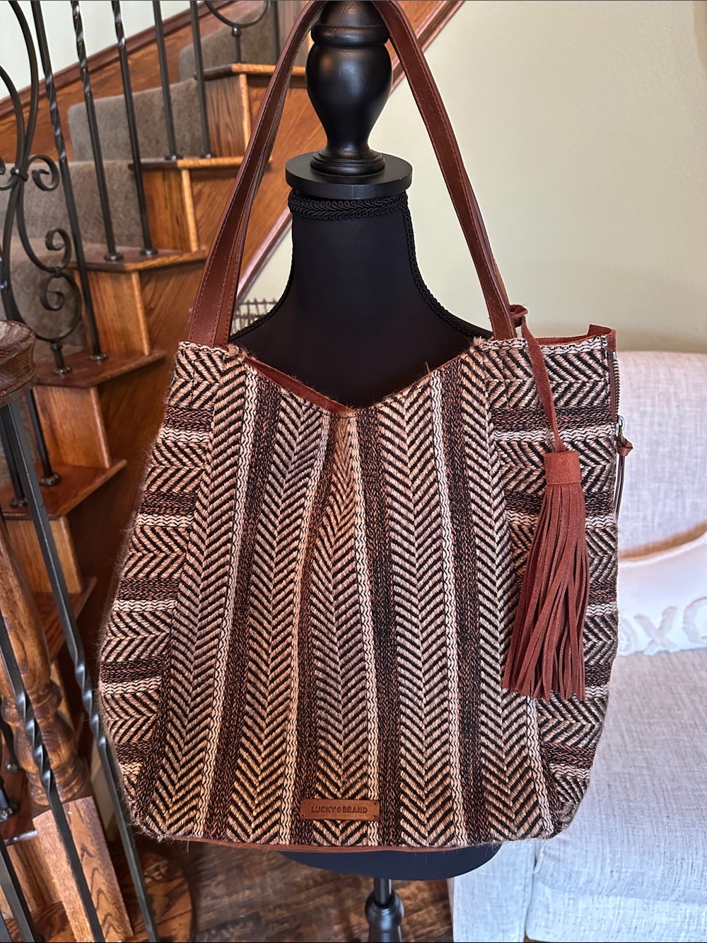 Lucky Brand Brown and Cream Chevron Tote with Tassel